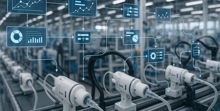 Manufacturing floor with connected data flow icons