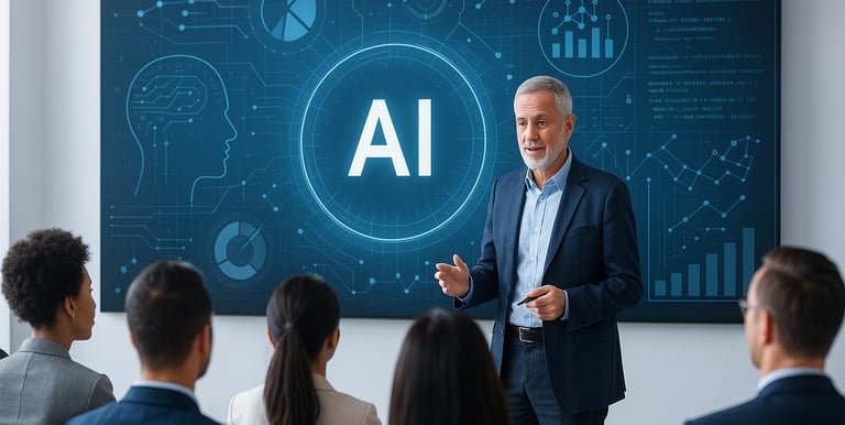 Person standing in front of class and teaching AI