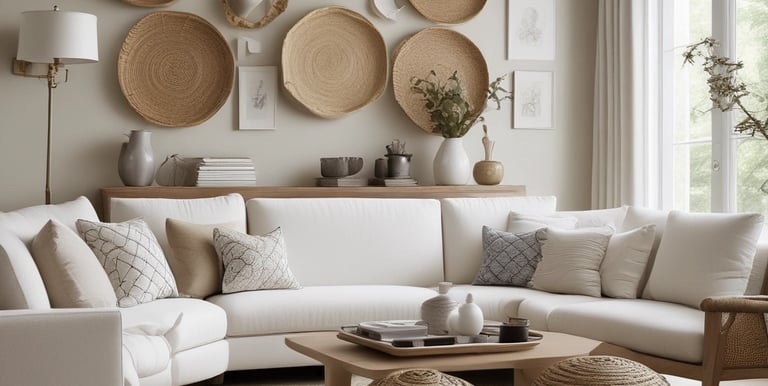 A cozy living room featuring neutral-toned furniture and decorative accents.
