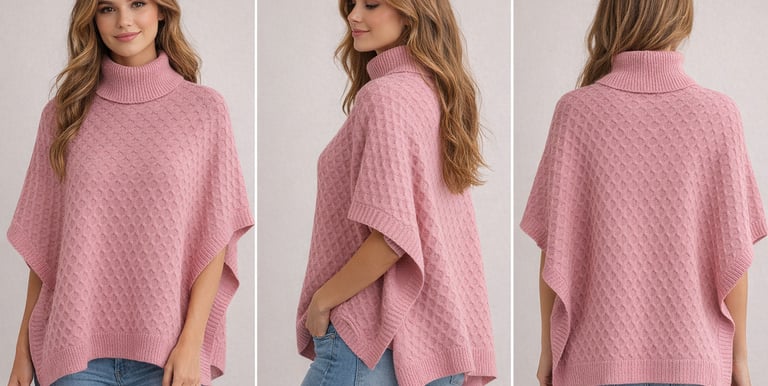 Woman wearing a pink turtleneck knit poncho sweater in front, side, and back views.