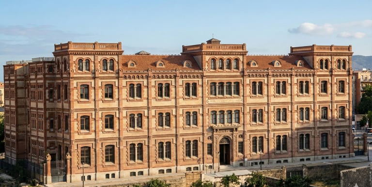 Historic brick architecture of the Henrich & CIA factory building in Barcelona
