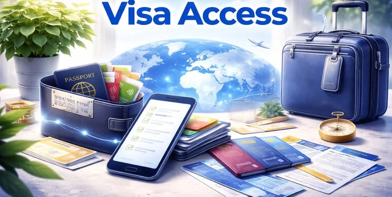 Digital visa access concept with passport, smartphone checklist, travel cards, luggage, and world map for global travel
