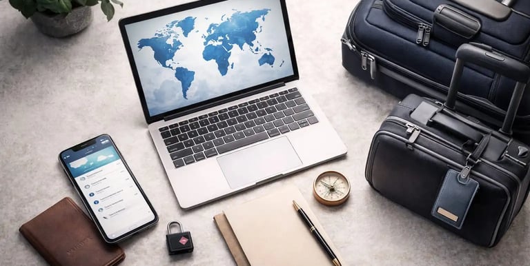 Global Travel Tools Setup Laptop with world map, secure luggage, and digital travel tools for planning, document storage
