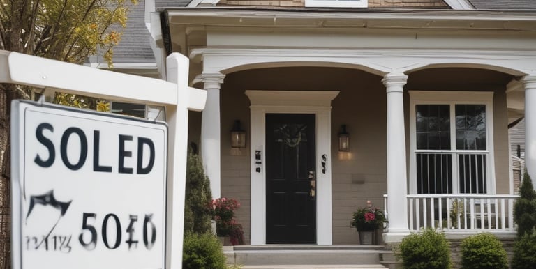 A real estate auction sign displaying the word 'SOLD' in bold red letters. The sign includes images of a home's interior featuring a living room with modern furniture, and it is set against the backdrop of trees and sky.