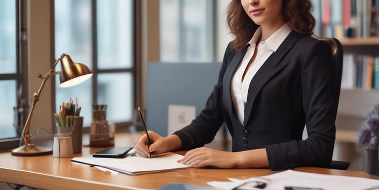 A person with short, light brown hair wears oversized dark sunglasses and a stylish outfit consisting of a blue-grey blazer over a black top and black trousers. The person has one hand in their pocket and exudes a confident demeanor against a bright, minimalist background.