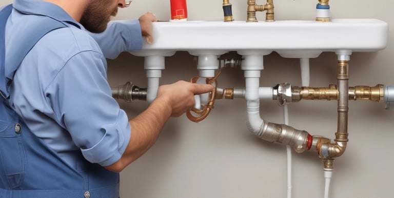 A row of air conditioning units is installed on the rooftop of a building. A person, wearing a hat, is working on one of the units. The building has several ventilators and metal ducts extending from it. The sky is clear and blue.