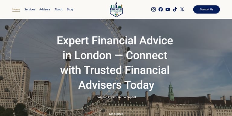 Screenshot of FinancialAdviceLondon.com homepage created by Rachael P Henry, part of the RPH Group