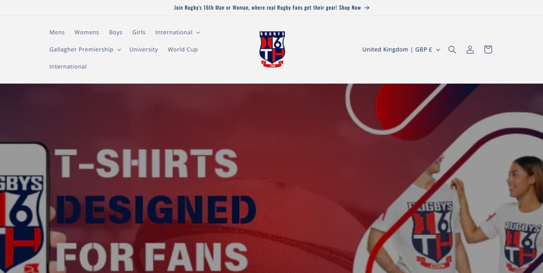 Screenshot of Rugbys16th.com homepage created by Rachael P Henry, part of the RPH Group