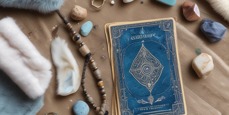 An assortment of spiritual tools including drums and oracle cards.