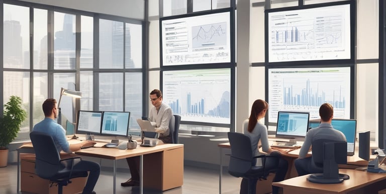 A team of professionals collaborating over laptops and digital devices in a modern office setting.