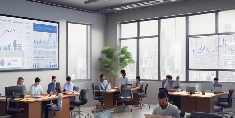 A team of professionals collaborating over laptops and digital devices in a modern office setting.