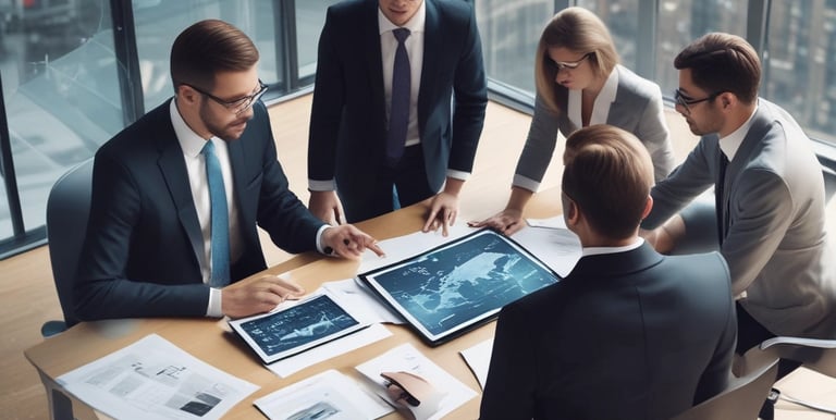 A team of professionals collaborating over laptops in a modern office setting.