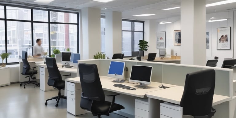 A modern, large, multi-story office building is prominently situated on a clear day, featuring the letters 'BCI' with a logo on its facade. The structure is surrounded by a well-maintained garden and a sidewalk where several people are walking. Nearby, cars are parked and some are driving along the street.