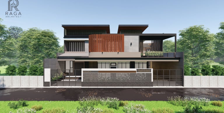 Desain rumah Mrs. Fitri, karya Raga Architect, menghadirkan hunian dua lantai dengan nuansa hangat d