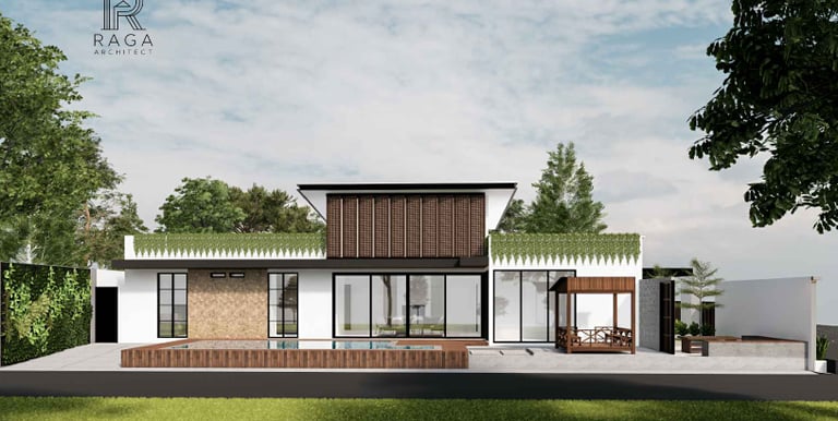 Desain rumah modern luas dengan kolam renang pribadi dan taman hijau terawat.