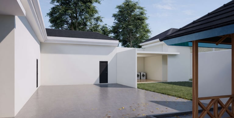 Hunian tropis modern yang menghadirkan suasana hangat, dengan taman depan hijau, fasad kayu alami, d