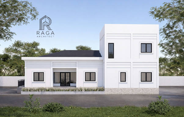 Desain fasad rumah modern 3D milik Mr. Rifansyah di Banjarmasin, berlantai dua dengan nuansa elegan 