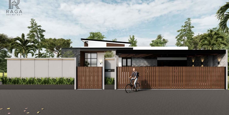 Hunian elegan bergaya kontemporer dengan halaman belakang berkolam renang dan taman asri