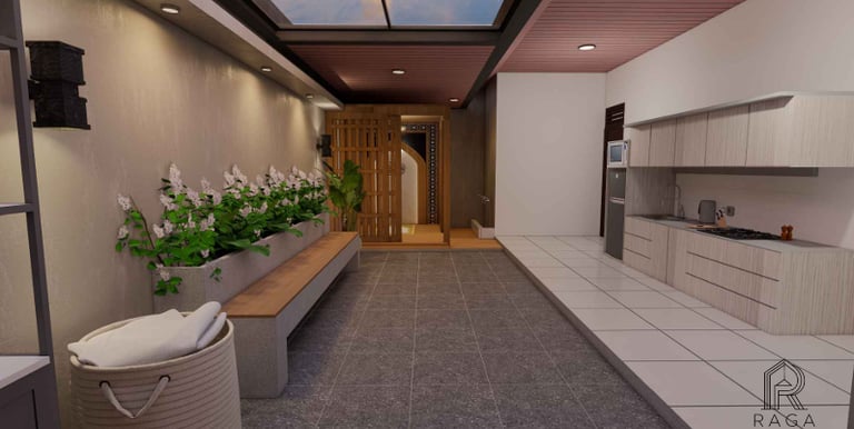 Ruang dapur bergaya open space menyatu dengan area utama, menghadirkan kesan luas dan modern