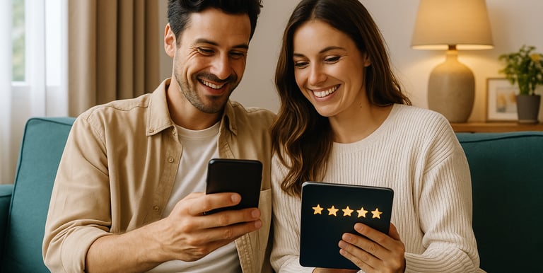 a man and woman sitting on a couch looking at their phones