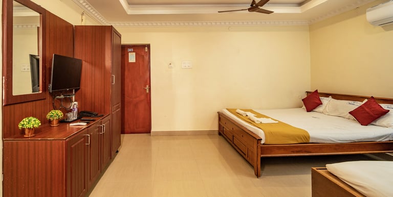Comfortable hotel lobby with seating area and reception desk