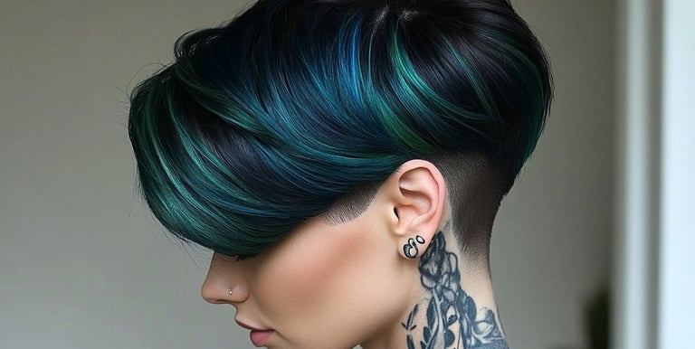 un carre court coloration noir avec mecheverte et bleu dans une technique ireprochable 