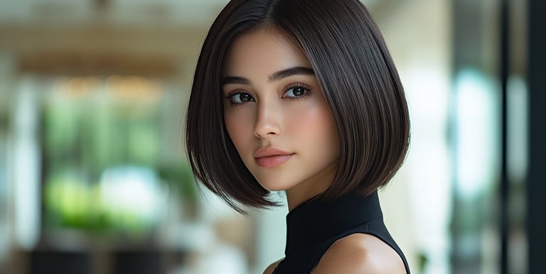 femmes brune avec un carre classique dans une mise en beaute 