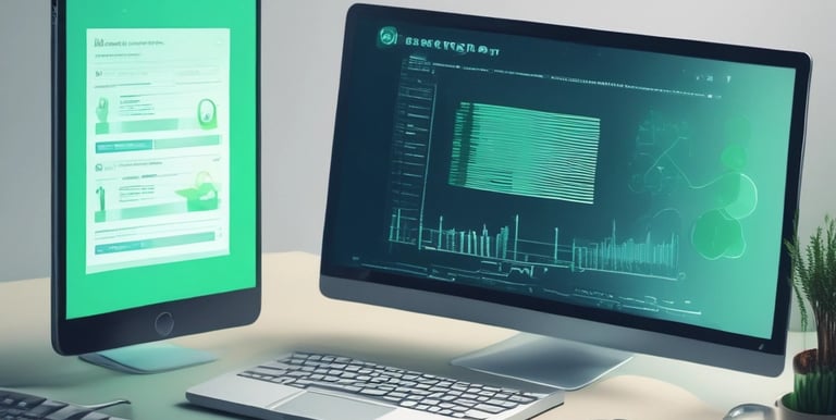 A man is seated at a table, working on a laptop in front of a bright yellow wall. The wall has a large collection of words related to technology, such as 'Information Technology' and 'Data'. A chair with a striped design is partially visible, and a notebook and phone rest on the table.
