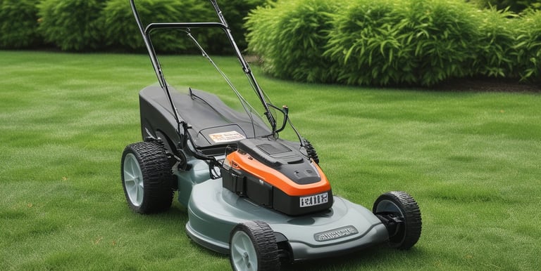 A bright green and yellow ride-on lawn mower sits on a well-manicured lawn, surrounded by lush greenery and trees in the background.