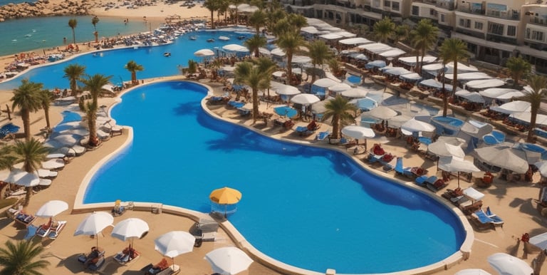 A modern apartment balcony overlooking the sparkling Red Sea and coral reefs.