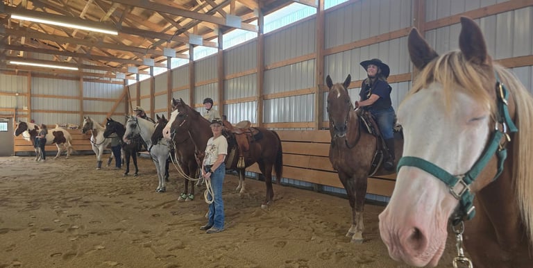 A group of people and horses in an arena for a clinic.