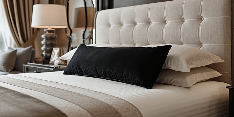 Luxury short term rental bedroom featuring a tufted fabric headboard and a decorative pillow