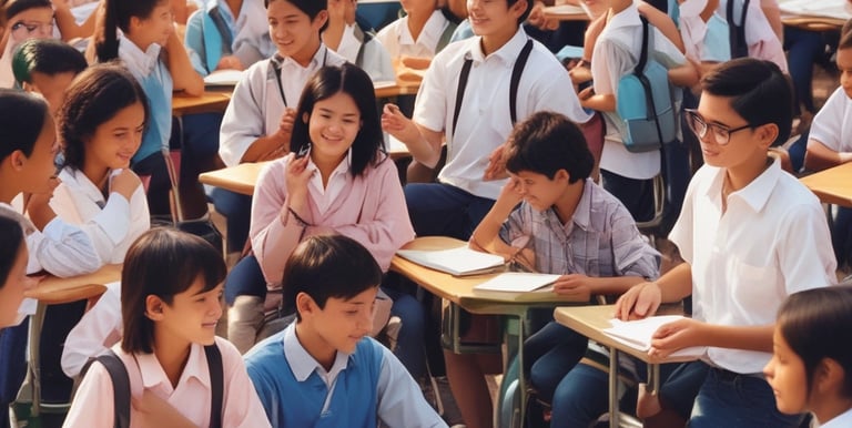 A lively classroom scene with a mentor guiding engaged students using interactive digital tools.