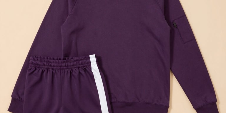 Minimalist product display of lavender-toned sportswear and wellness supplements on a clean white background