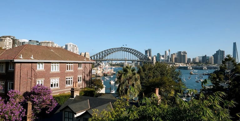 Panoramic view of Sydney Harbour Bridge and city skyline from a residential rooftop with blooming jacaranda trees.