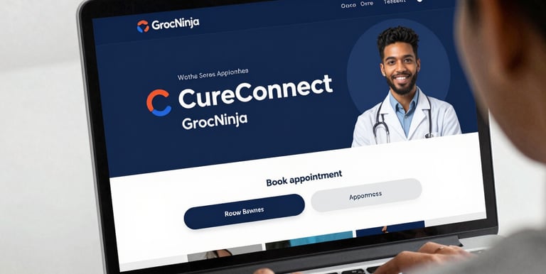 A patient exploring our website a healthcare appointment with a modern dark blue and white UI.