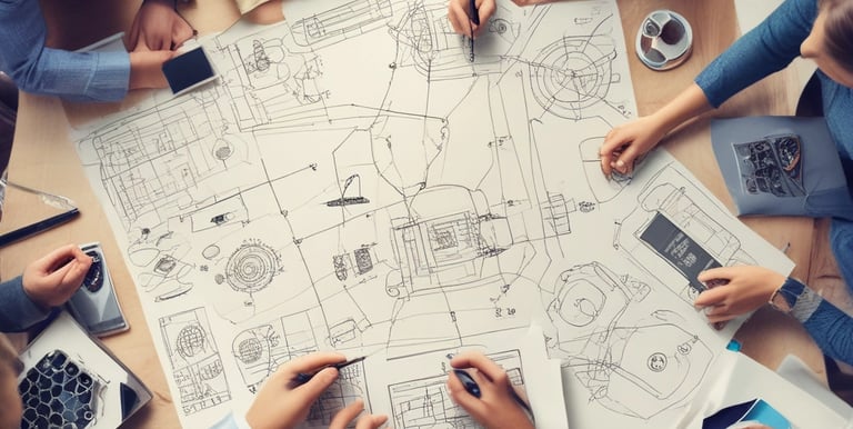 Engineer reviewing detailed water treatment plant design blueprints on a desk.