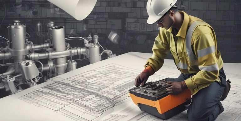 Technician inspecting mechanical equipment at a modern sewage treatment facility.