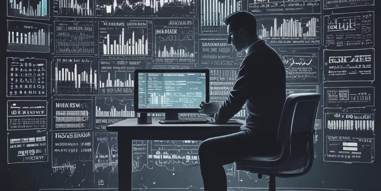 A sleek workspace with multiple monitors displaying complex trading algorithms and market data.