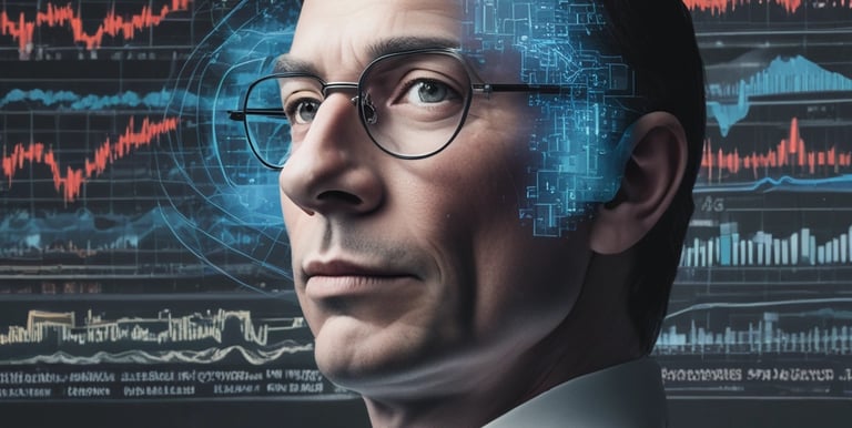 A sleek workspace with multiple monitors displaying complex trading algorithms and market data.