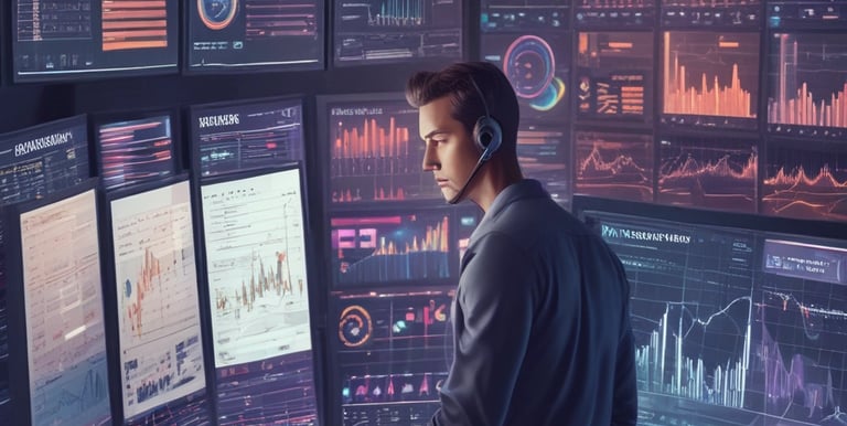 A sleek workspace with multiple monitors displaying complex trading algorithms and market data.