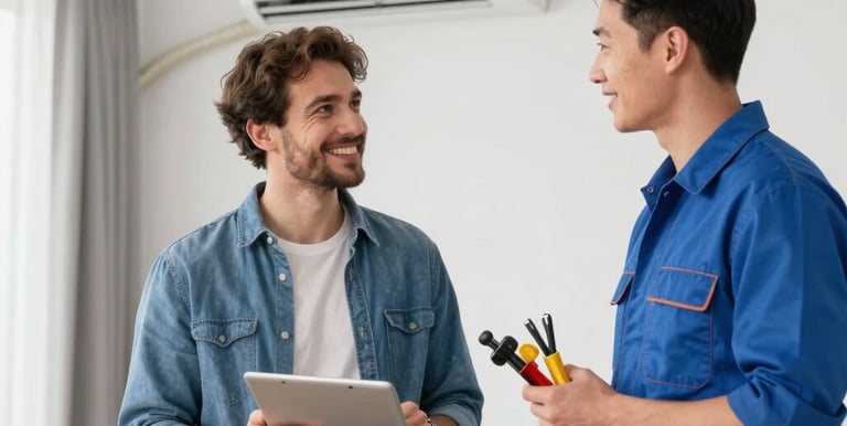 Office manager smiling alongside CoolTrust Aircon technician after quick repair job.