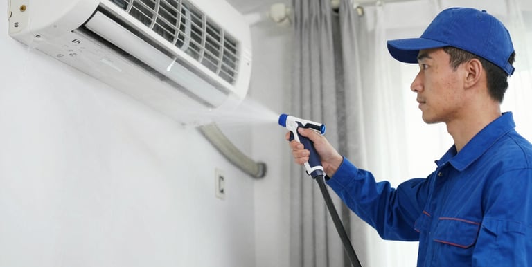 Smiling technician inspecting an air conditioning unit on a residential balcony.