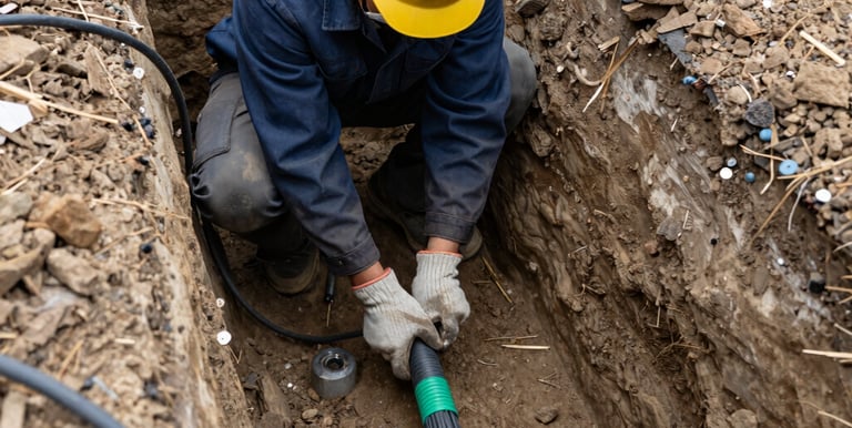 Workers laying fiber optic cables along a city street with safety gear.