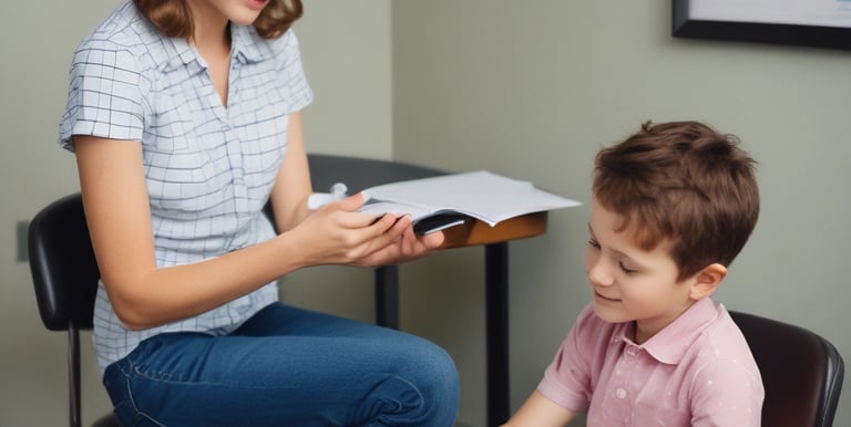 Therapist engaging warmly with a child during a therapy session in a bright, welcoming space.