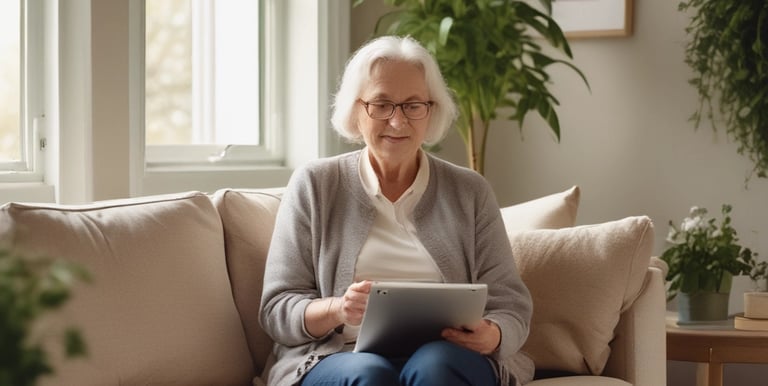 An adult using a tablet in a bright, modern home setting.