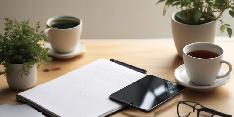 Close-up of hands navigating a smartphone on a clean desk.