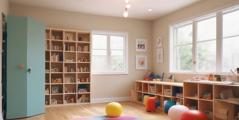 A warm therapy room with soft pastel colors and playful toys for children.