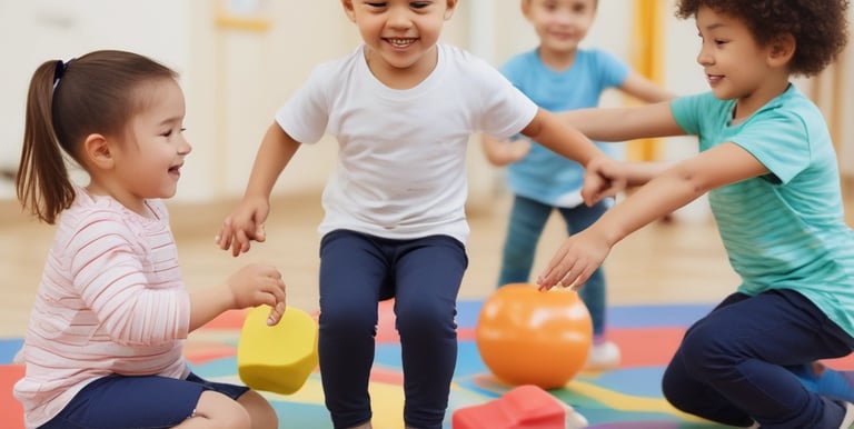 A therapist gently guiding a child through a motor skills exercise in a bright, calm space.