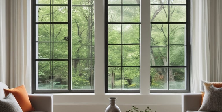 A bright living room with large windows featuring sleek, modern heat control window film.